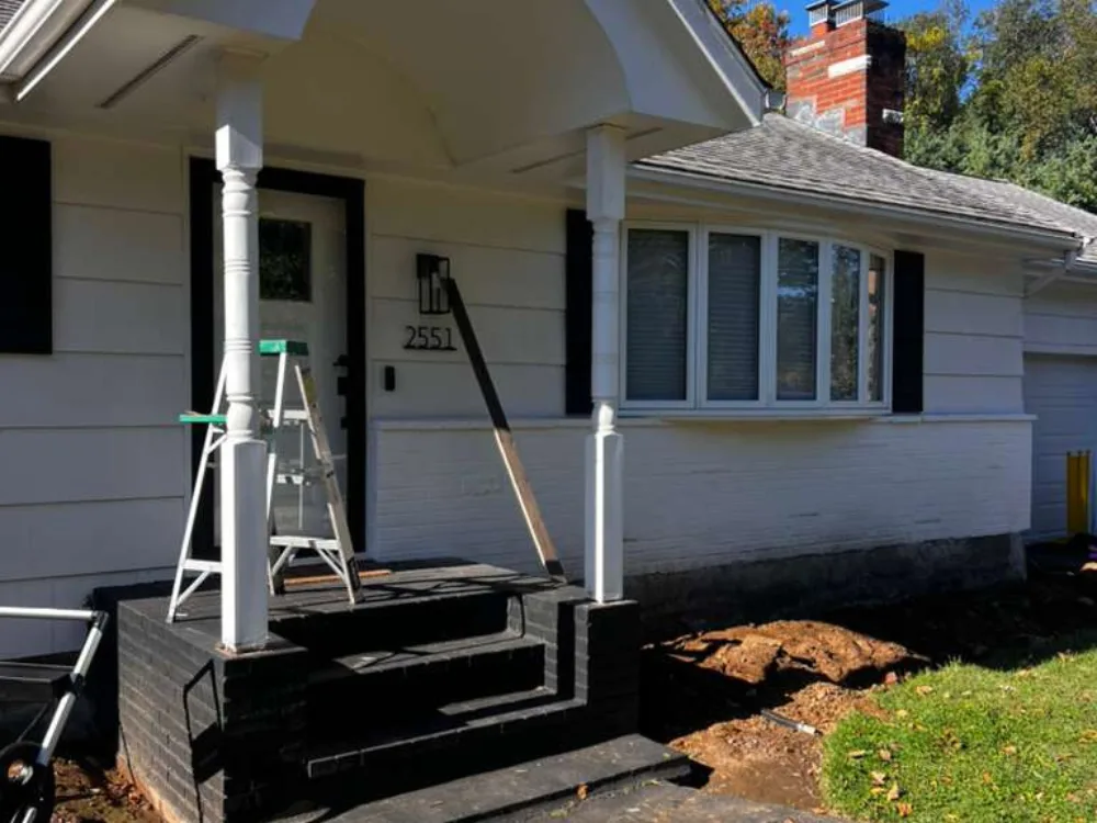 Close-up Front porch before column replacement showing preparation work.